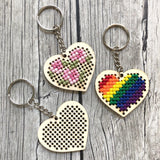 Stitchable Wooden Heart Keychains (Set of 3) with Rose/Rainbow patterns