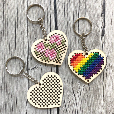 Stitchable Wooden Heart Keychains (Set of 3) with Rose/Rainbow patterns