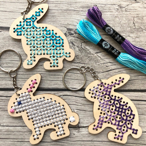 Stitchable Wooden Bunny Keychains (Set of 3) with sample patterns