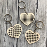 Stitchable Wooden Heart Keychains (Set of 3) with Rose/Rainbow patterns