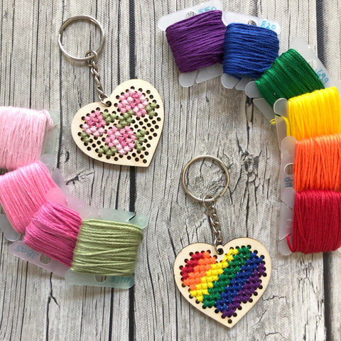 Stitchable Wooden Heart Keychains (Set of 3) with Rose/Rainbow patterns