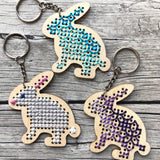 Stitchable Wooden Bunny Keychains (Set of 3) with sample patterns