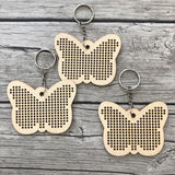 Stitchable Wooden Butterfly Keychains (Set of 3) with sample patterns