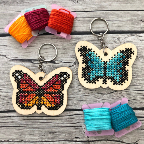 Stitchable Wooden Butterfly Keychains (Set of 3) with sample patterns