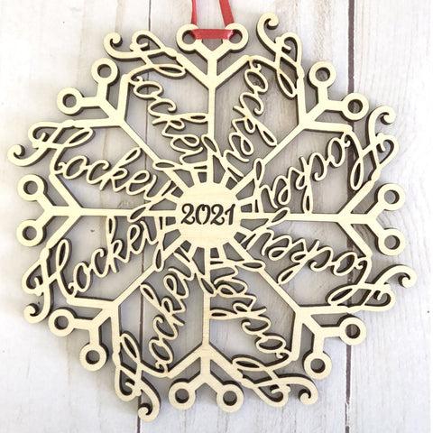 Wood "Hockeyflake" Hockey Snowflake Ornaments: 2025 or 2026 Laser Cut Christmas Wooden Tree Decor