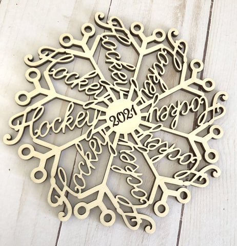 Wood "Hockeyflake" Hockey Snowflake Ornaments: 2025 or 2026 Laser Cut Christmas Wooden Tree Decor