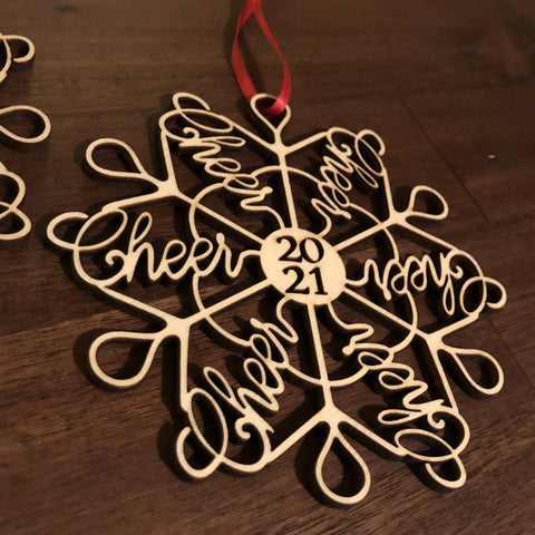 Cheerleading "Cheerflake" Snowflake Ornaments: Gift Idea for Cheer mom, coach, or entire team.  2025 or 2026 Laser Cut Christmas Word Art