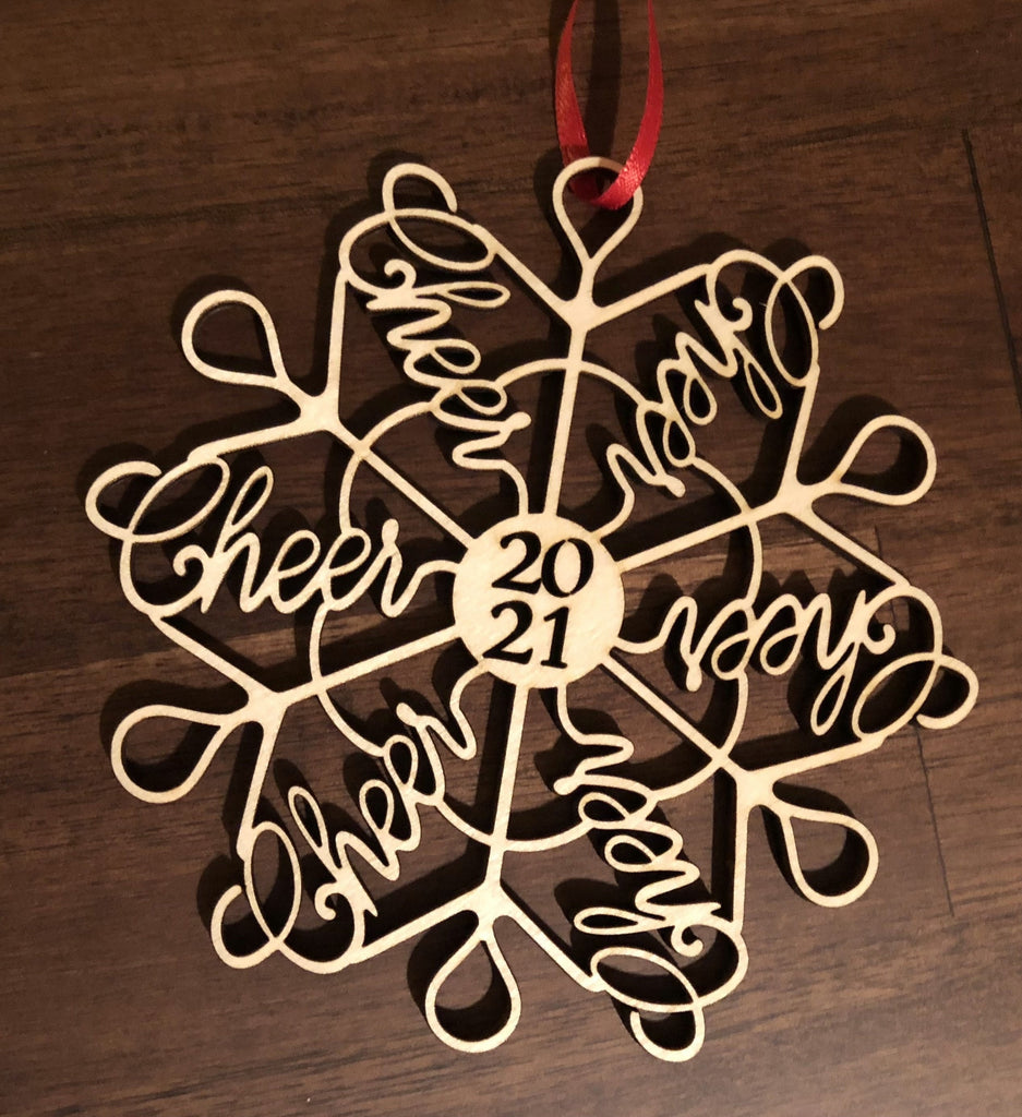 Cheerleading "Cheerflake" Snowflake Ornaments: Gift Idea for Cheer mom, coach, or entire team.  2025 or 2026 Laser Cut Christmas Word Art