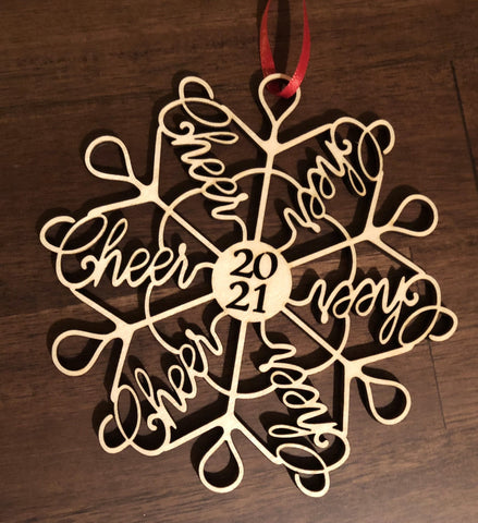 Cheerleading "Cheerflake" Snowflake Ornaments: Gift Idea for Cheer mom, coach, or entire team.  2025 or 2026 Laser Cut Christmas Word Art