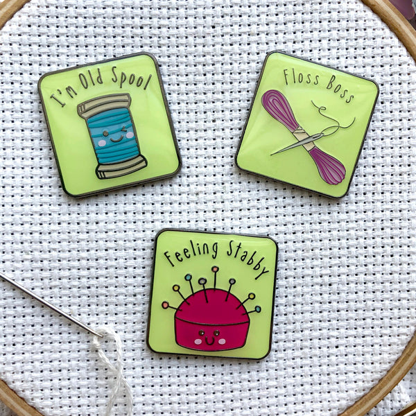 Just One More Row Cross Stitching Enamel Needle Minder Magnetic Embroidery  Needle Nanny Pink Blue Green Snarky Sarcastic Needleminder 