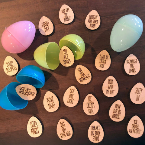 Easter Egg Tokens: 20-25 Wooden Engraved Activity and Treat Egg Filler Coupons