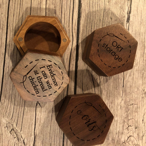 Hexagon ORT Box Engraved Thread Storage: Magnetic lidded Snarky Embroidery Cross Stitch Quilting Custom Solid Wood Scrap Floss