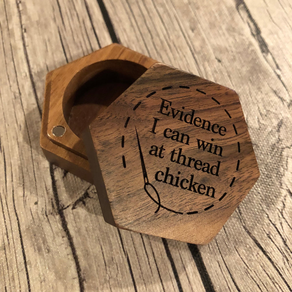 Hexagon ORT Box Engraved Thread Storage: Magnetic lidded Snarky Embroidery Cross Stitch Quilting Custom Solid Wood Scrap Floss