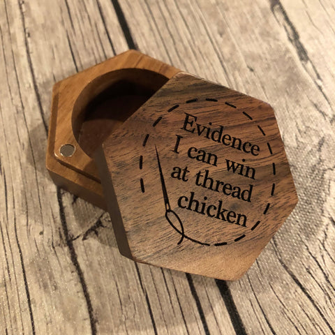 Hexagon ORT Box Engraved Thread Storage: Magnetic lidded Snarky Embroidery Cross Stitch Quilting Custom Solid Wood Scrap Floss