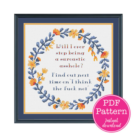 "Will I ever stop being a sarcastic asshole? " Sampler Cross Stitch Pattern