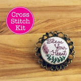 Bless Your Heart Cross Stitch Pin Kit | DIY Embroidered Vintage Brooch |  XStitch Filigree Lapel Pin Kit | Sarcastic Script Floral X-Stitch