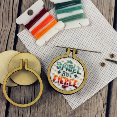 Small But Fierce Cross Stitch Pendant Kit | Miniature Framed Cross Stitch Kit | Tiny Wooden Mini Hoop Sarcastic XStitch |