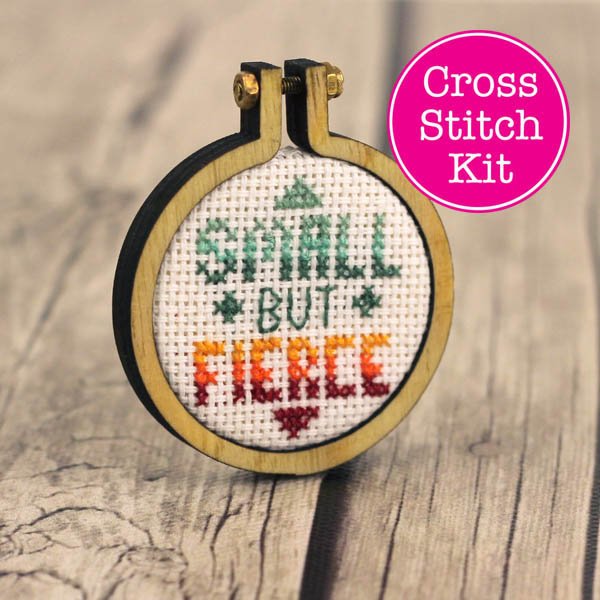 Small But Fierce Cross Stitch Pendant Kit | Miniature Framed Cross Stitch Kit | Tiny Wooden Mini Hoop Sarcastic XStitch |