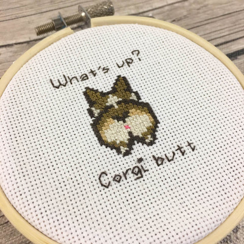 Funny  "What's Up Corgi Butt?" Cross Stitch Pattern