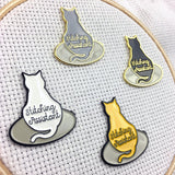 Stitching Assistant Kitty Enamel Pin | Cat Lover Lapel Pin | Orange White Black Grey Cat Sitting on Hoop Soft Enamel Brooch