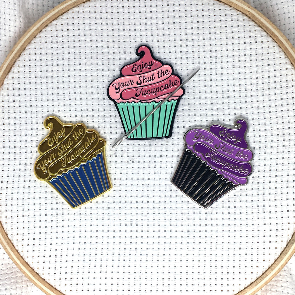 Enjoy Your Shut the Fucupcake Enamel Needle Minder | Magnetic STFU Cupcake Needle Nanny | Pink, Chocolate, Purple Frosted Snark Needleminder