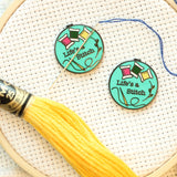 Life's a stitch Magnetic Needle Minder | Sarcastic Cross Stitch or Embroidery Hoop Hard Enamel Needleminder | Teal w/ Bobbins Needle Holder