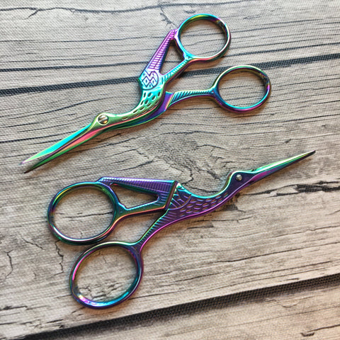 Irridescent Stork Embroidery Scissors | Small Fine Tip Egret Heron Bird Sewing Scissors | Rainbow Metal Colorful Cross Stitch Thread Snips
