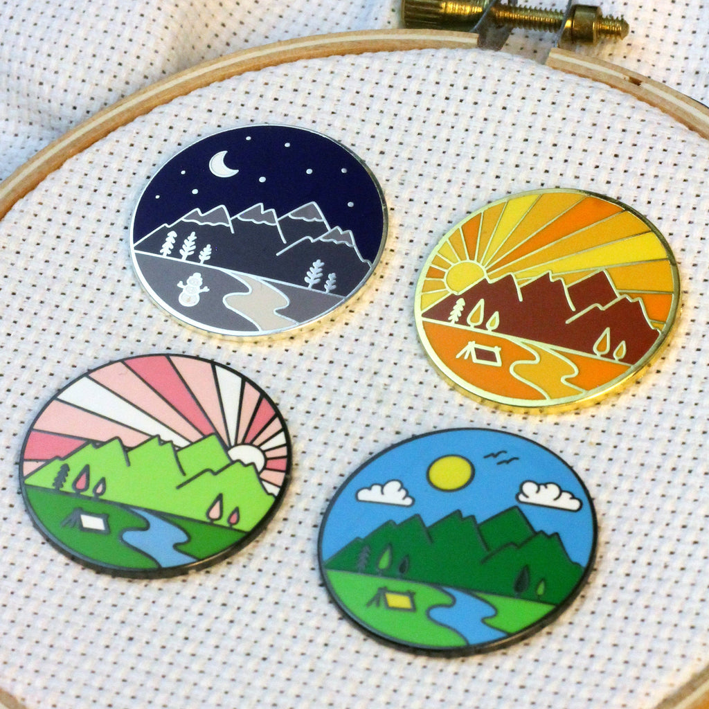 Four Seasons Magnetic Enamel Needle Minder (Set of 4)  Fall, Spring, Summer, Winter | Outdoor Mountains Travel Sunrise Sunset Needleminder