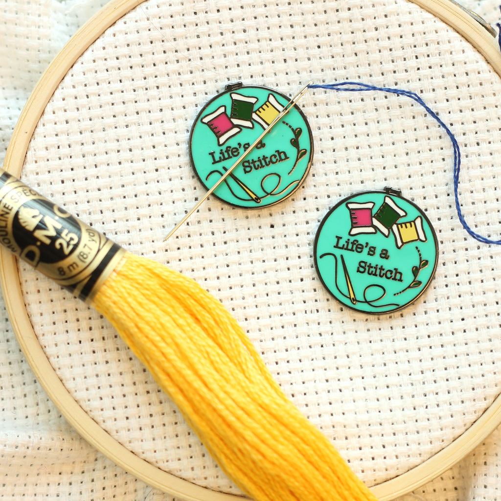 Life's a stitch Magnetic Needle Minder | Sarcastic Cross Stitch or Embroidery Hoop Hard Enamel Needleminder | Teal w/ Bobbins Needle Holder