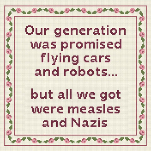 Our Generation was promised flying cars + robots but all we got were measles & Nazis Cross Stitch | Snarky Boomer Millennial Satire X-Stitch