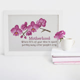 Motherhood: 'Where 90% of your time is spent picking up other people's crap' Floral Cross Stitch Sampler w/ Orchids