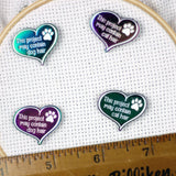 This Project May Contain Dog | Cat Hair Rainbow Anodized Needle Minders | Pet Lover Needleminder | Irredescent Heart Magnetic Needle Nanny