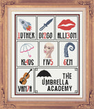 Umbrella Academy Member Cross Stitch Sampler:  Luther, Diego, Allison, Klaus, Five (Delores), Ben & Vanya