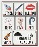 Umbrella Academy Member Cross Stitch Sampler:  Luther, Diego, Allison, Klaus, Five (Delores), Ben & Vanya