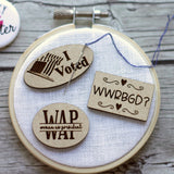 WWRGBD?, WAP: Woman As President, I Voted Flag Sticker Engraved Wooden Needle minders