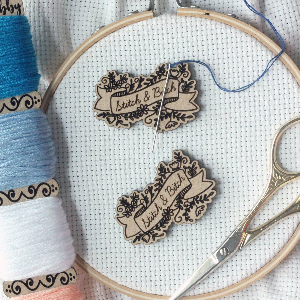 Stitch & Bitch Engraved Wooden Needle Minders | Cross Stitch Embroidery Lovers Needleminder | Snarky Floral Banner Magnetic Wood Minder