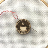 Pattern Marker + Needle Minder Bundle: "Coffee & Cross Stitch" Magnetic Engraved Wooden Place Keeper