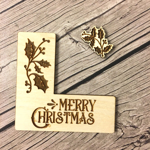 Pattern Marker & Needle Minder Bundle: "Merry Christmas" Holly Holidays Magnetic Engraved Wooden Cross Stitch Place Keeper