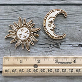 Ornate Smiling Sun & Moon Needle Minders (Set of 2) Engraved Wooden Needleminders Hand Drawn