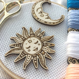 Ornate Smiling Sun & Moon Needle Minders (Set of 2) Engraved Wooden Needleminders Hand Drawn