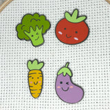 Happy Veggies Magnetic Enamel Needle Minders:  Cute Broccoli, Carrot, Eggplant, Tomato Needleminders