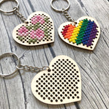 Stitchable Wooden Heart Keychains (Set of 3) with Rose/Rainbow patterns