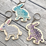 Stitchable Wooden Bunny Keychains (Set of 3) with sample patterns