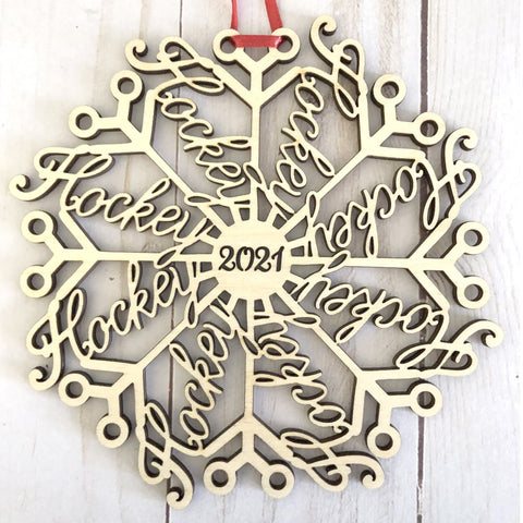 Wood "Hockeyflake" Hockey Snowflake Ornaments: 2023 or 2024 Laser Cut Christmas Wooden Tree Decor