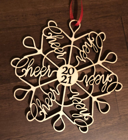 Cheerleading "Cheerflake" Snowflake Ornaments: Gift Idea for Cheer mom, coach, or entire team.  2023 or 2024 Laser Cut Christmas Word Art